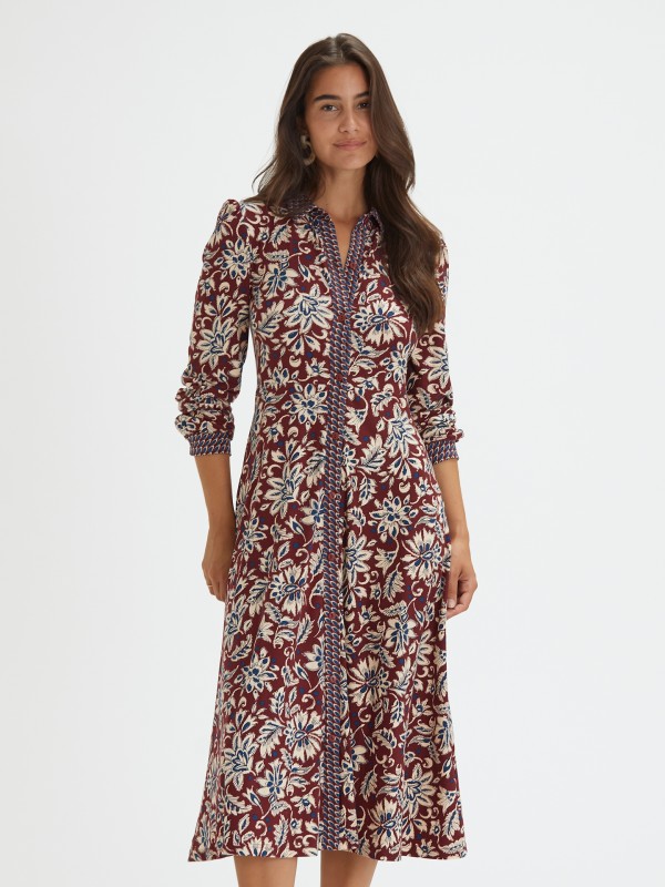 Vestido Midi Camiseiro Estampado Bordo