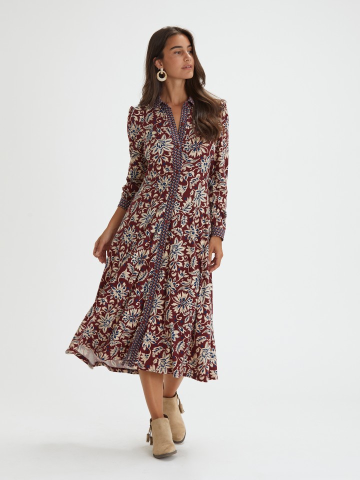Vestido Midi Camiseiro Estampado Bordo