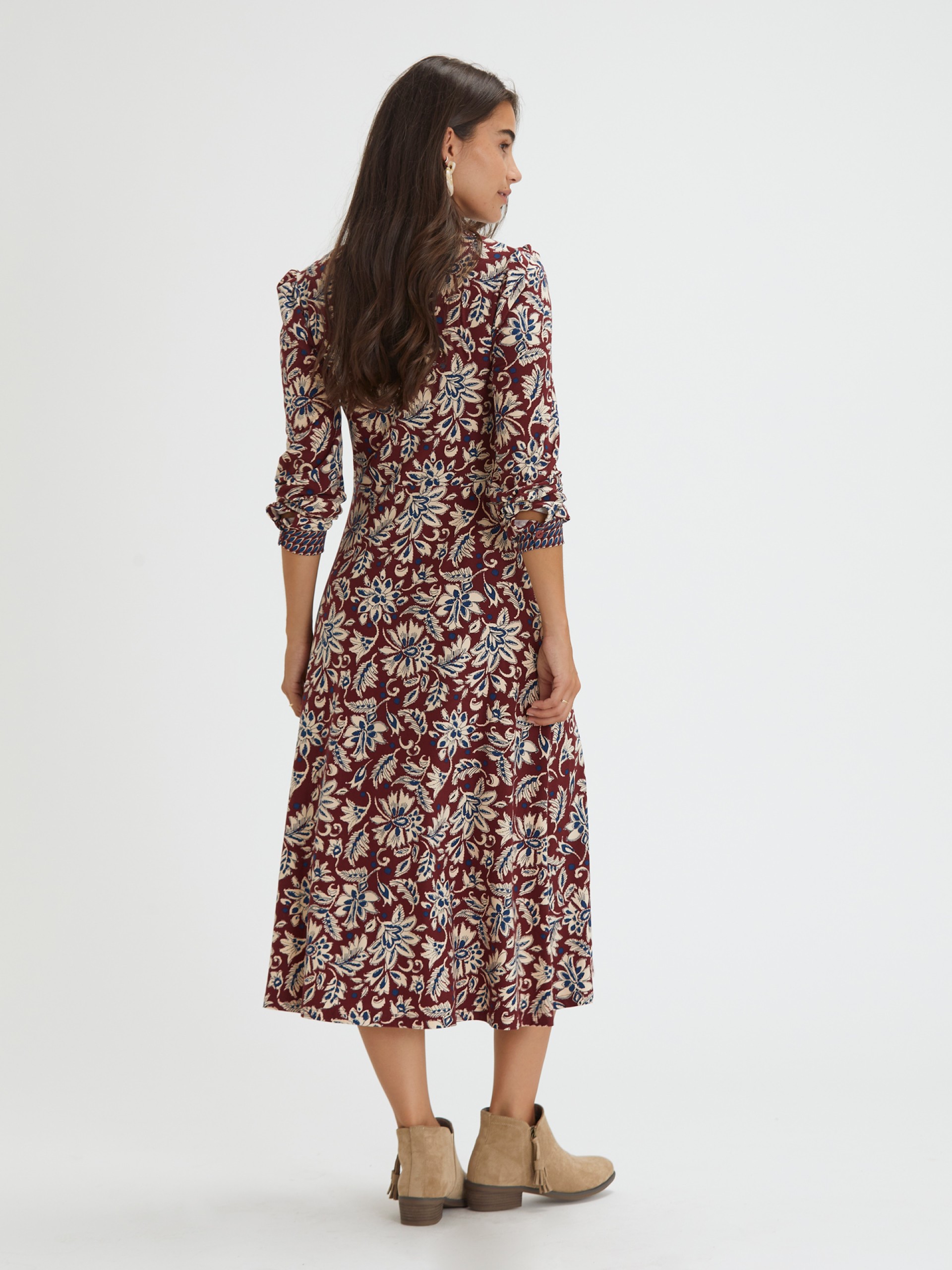 Vestido Midi Camiseiro Estampado Bordo