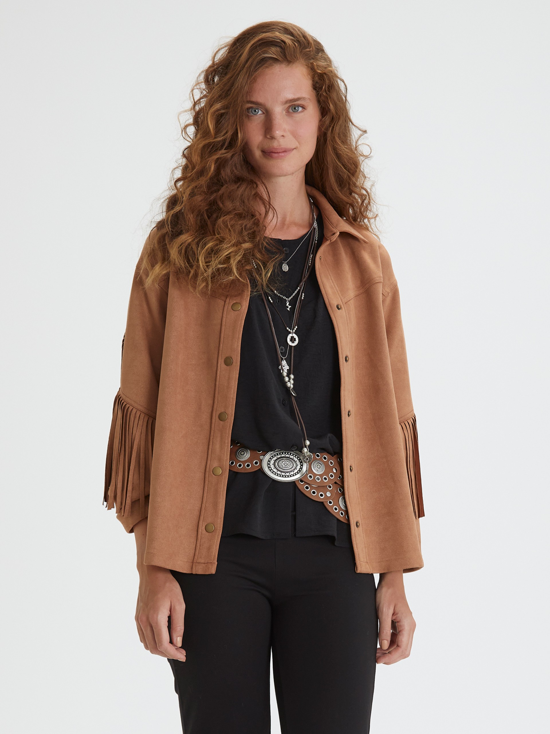 Casaco Camiseiro em Efeito Camurca com Franjas