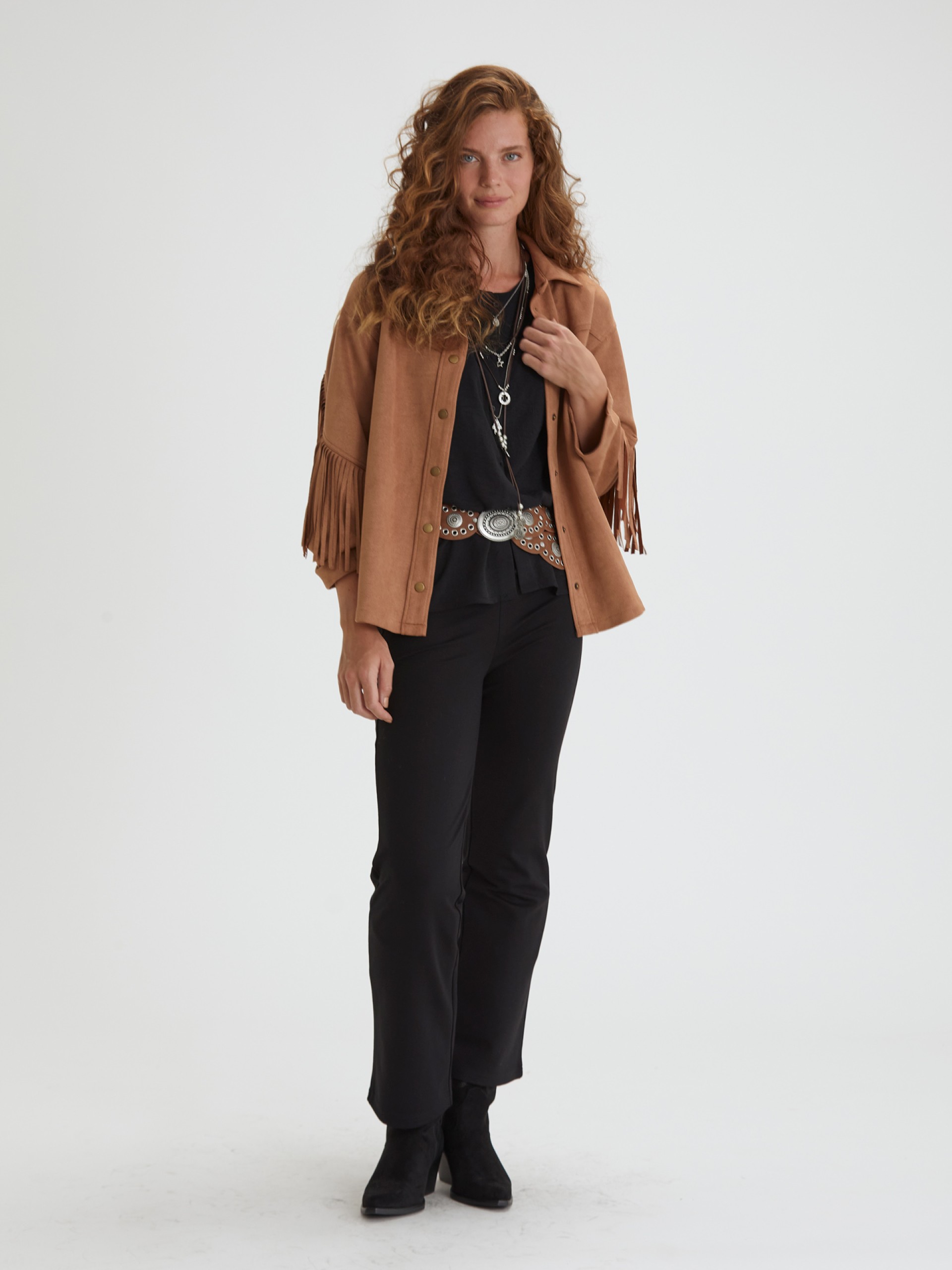 Casaco Camiseiro em Efeito Camurca com Franjas