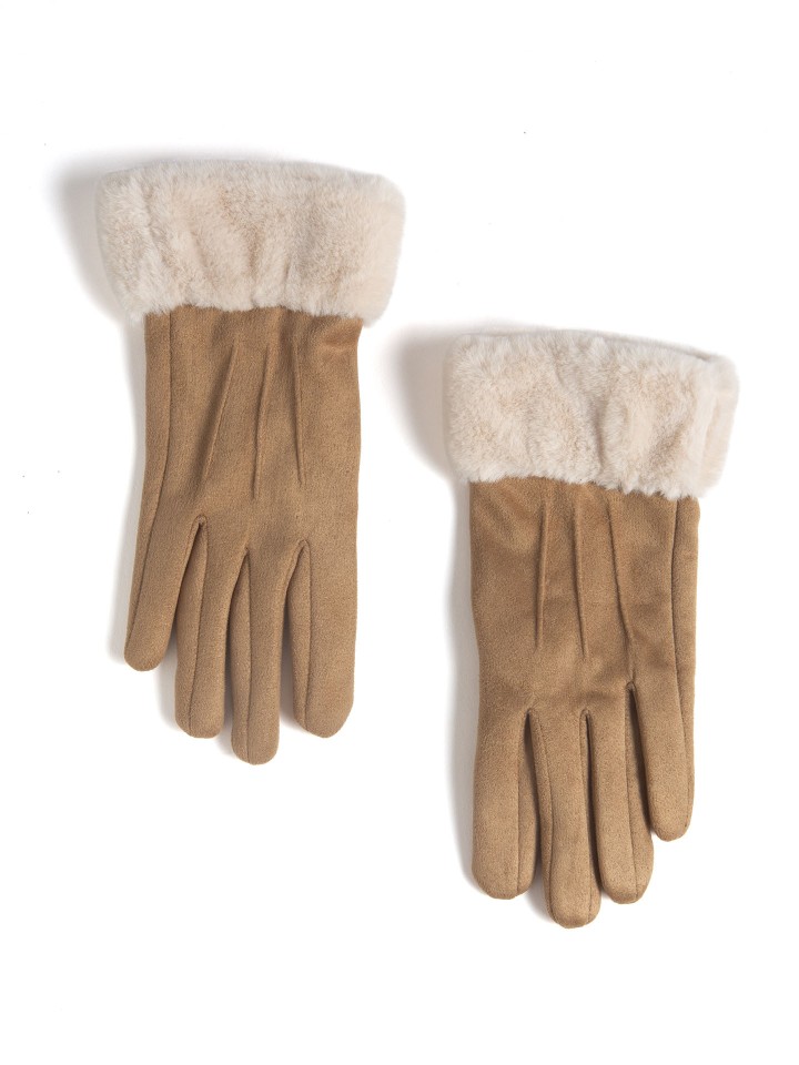 Luvas em Efeito Camurca com Punho em Efeito Pelo