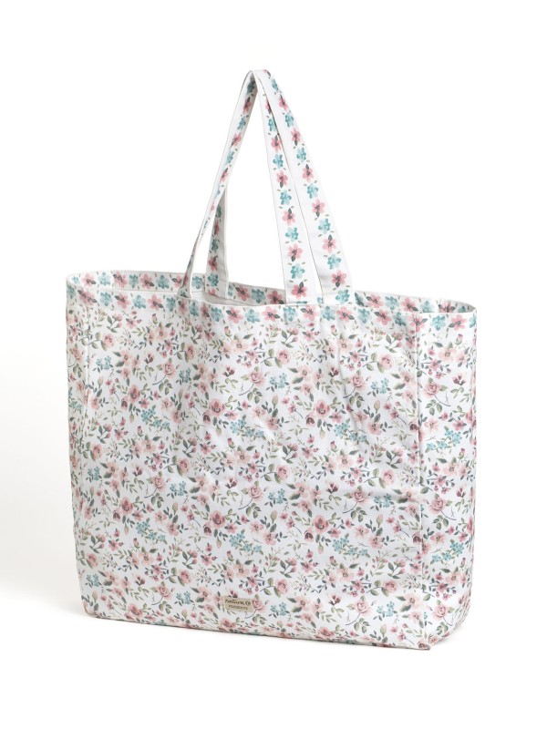 Bolsa Tote Floral Rosa e Azul em Tecido