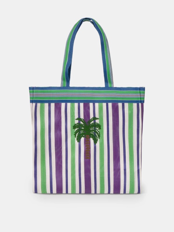 Bolsa Tote Listrada Verde e Roxa com Bordado de Palmeira Bolsa Tote Listrada Verde e Roxa com Bordado de Palmeira
