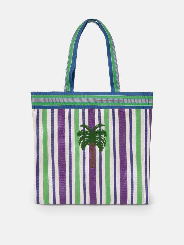 Bolsa Tote Listrada Verde e Roxa com Bordado de Palmeira