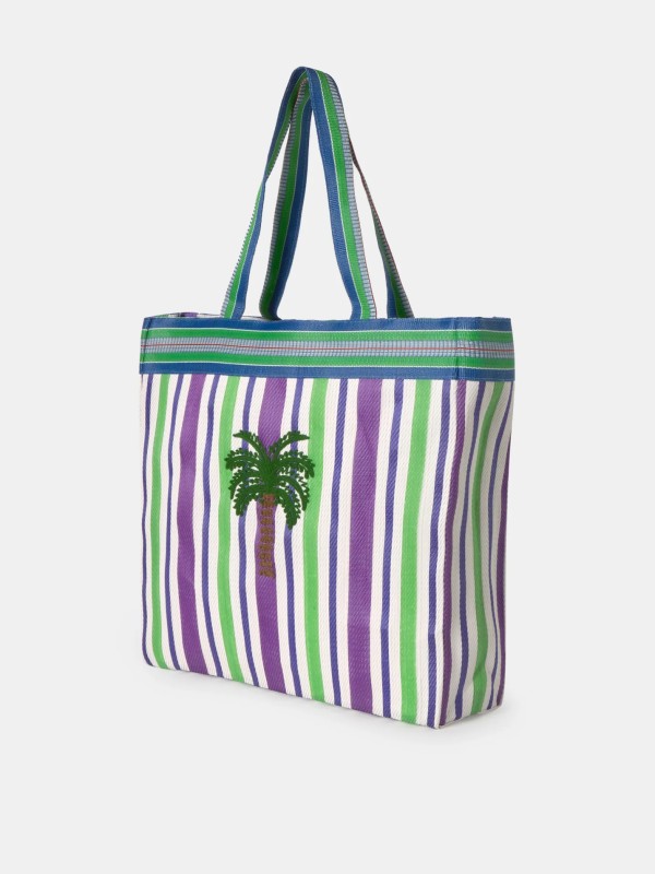 Bolsa Tote Listrada Verde e Roxa com Bordado de Palmeira Bolsa Tote Listrada Verde e Roxa com Bordado de Palmeira