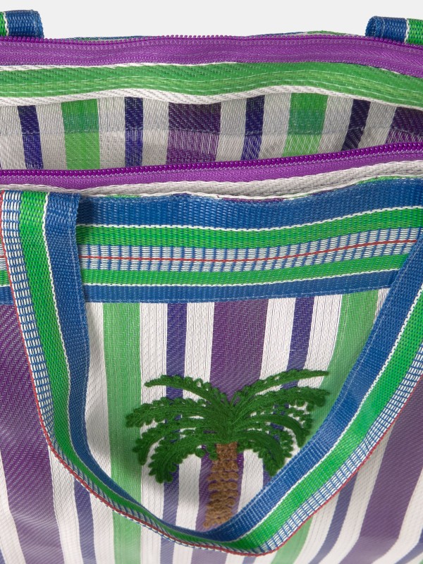 Bolsa Tote Listrada Verde e Roxa com Bordado de Palmeira Bolsa Tote Listrada Verde e Roxa com Bordado de Palmeira