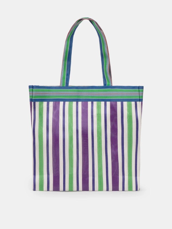 Bolsa Tote Listrada Verde e Roxa com Bordado de Palmeira Bolsa Tote Listrada Verde e Roxa com Bordado de Palmeira