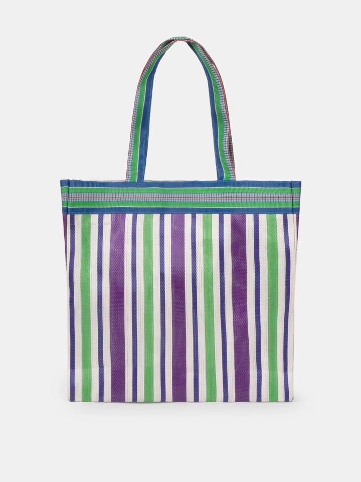 Bolsa Tote Listrada Verde e Roxa com Bordado de Palmeira