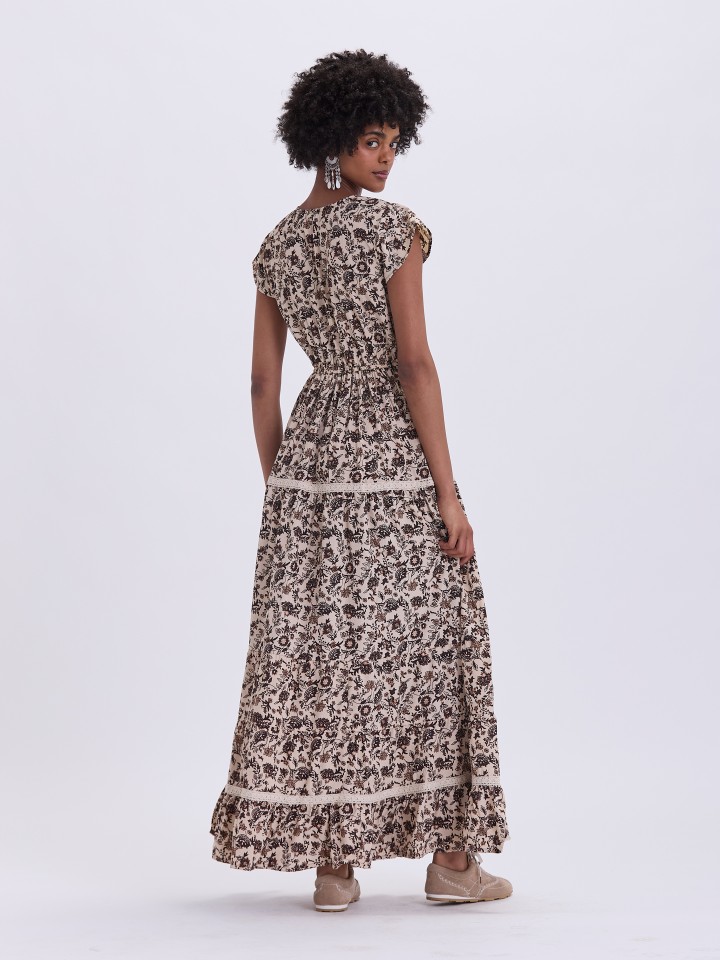 Vestido Comprido Floral Castanho