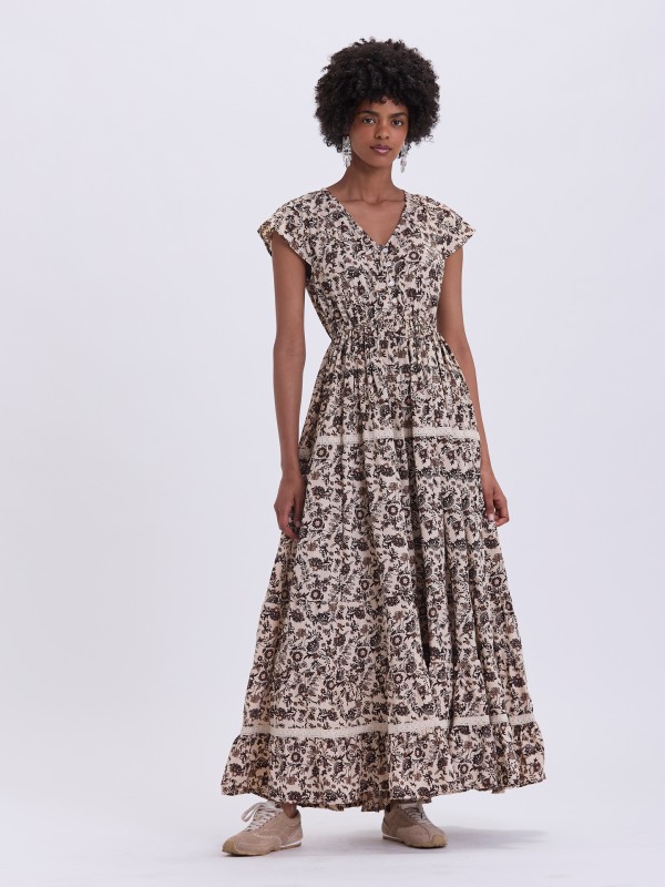 Vestido Comprido Floral Castanho