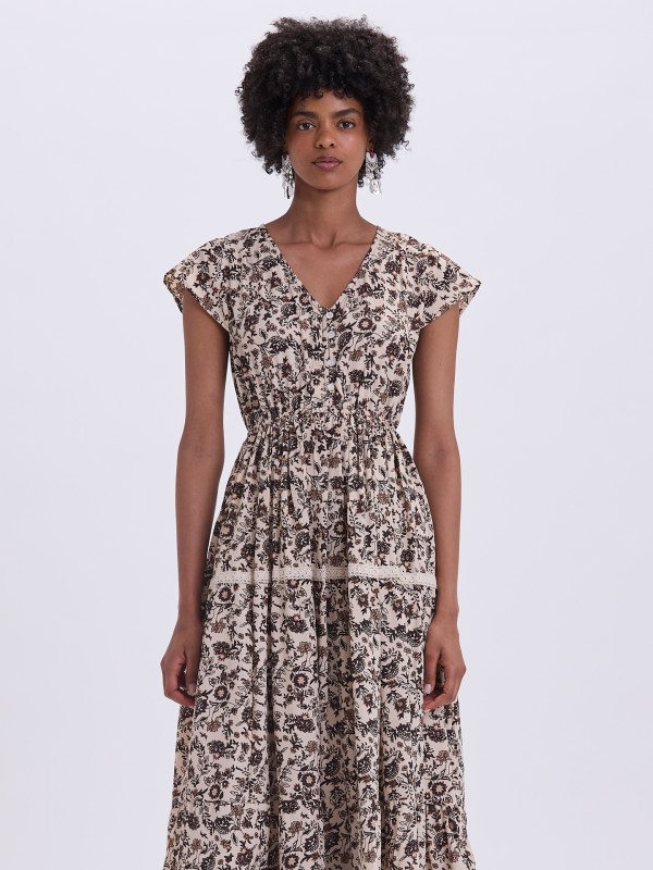 Vestido Comprido Floral Castanho