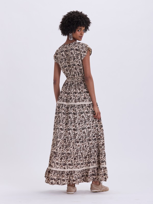 Vestido Comprido Floral Castanho