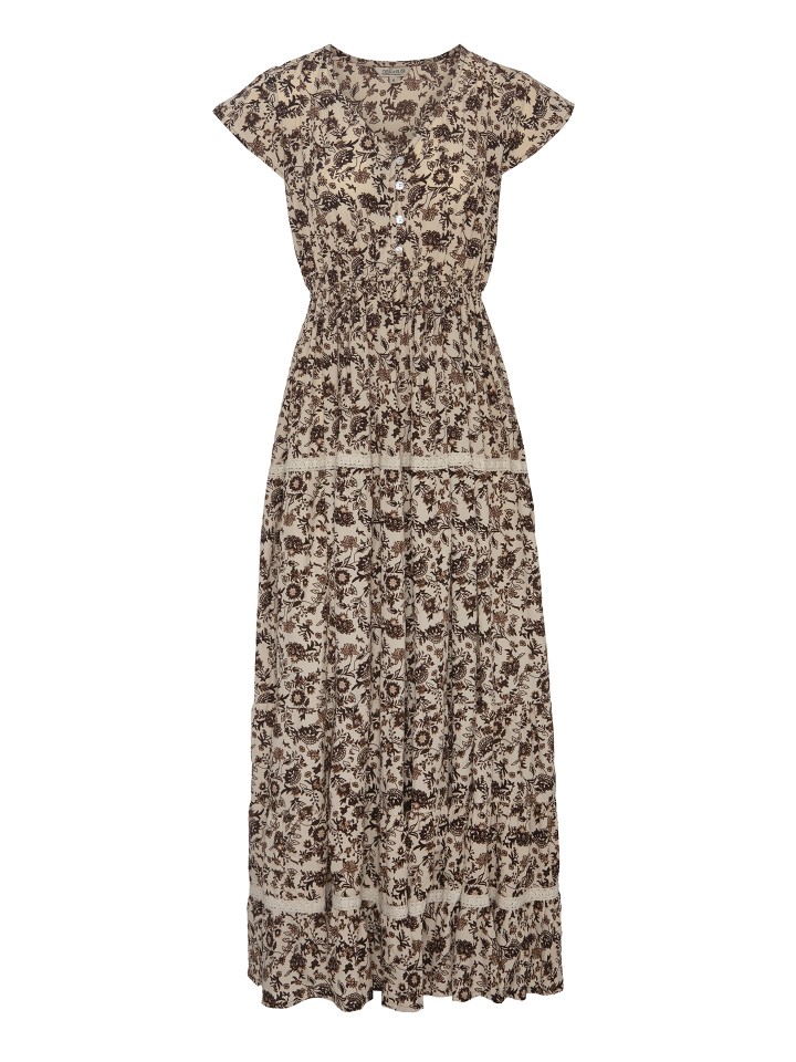 Vestido Comprido Floral Castanho